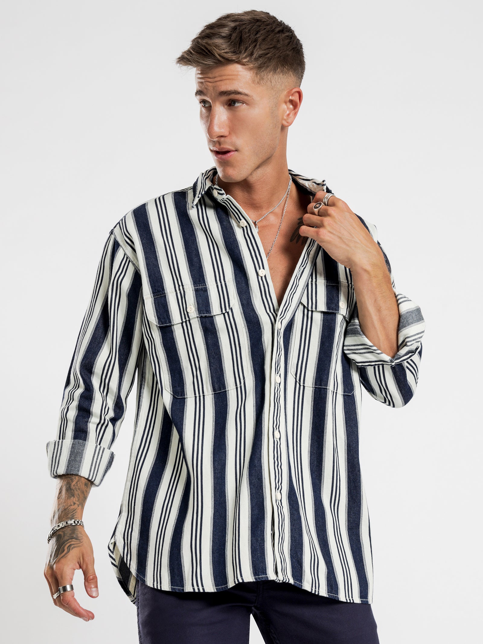 Oversized Classic Worker Overshirt in Indigo Railroad Stripe Rinse - Glue  Store