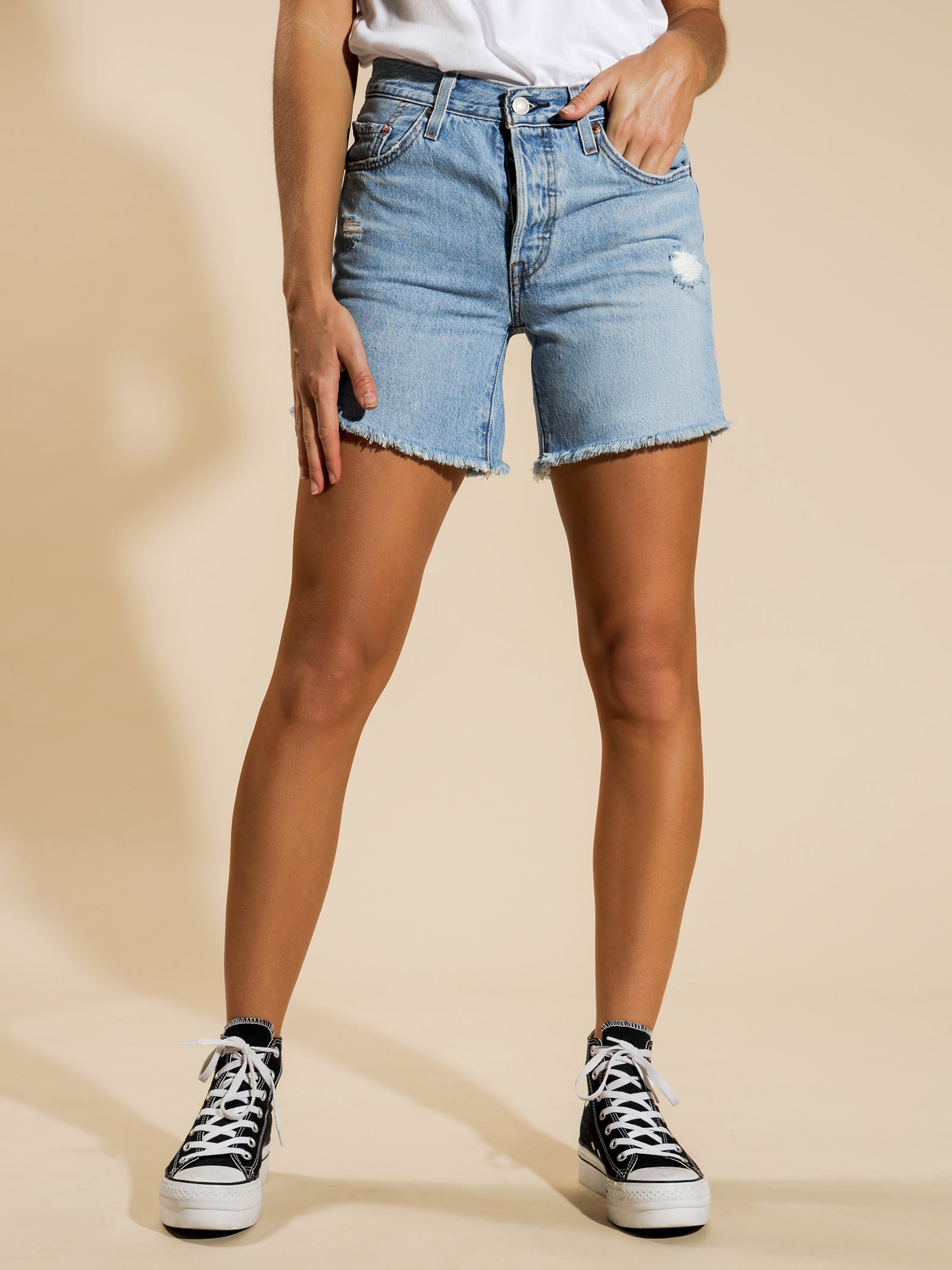 501 Mid Rise Denim Shorts in Light Blue