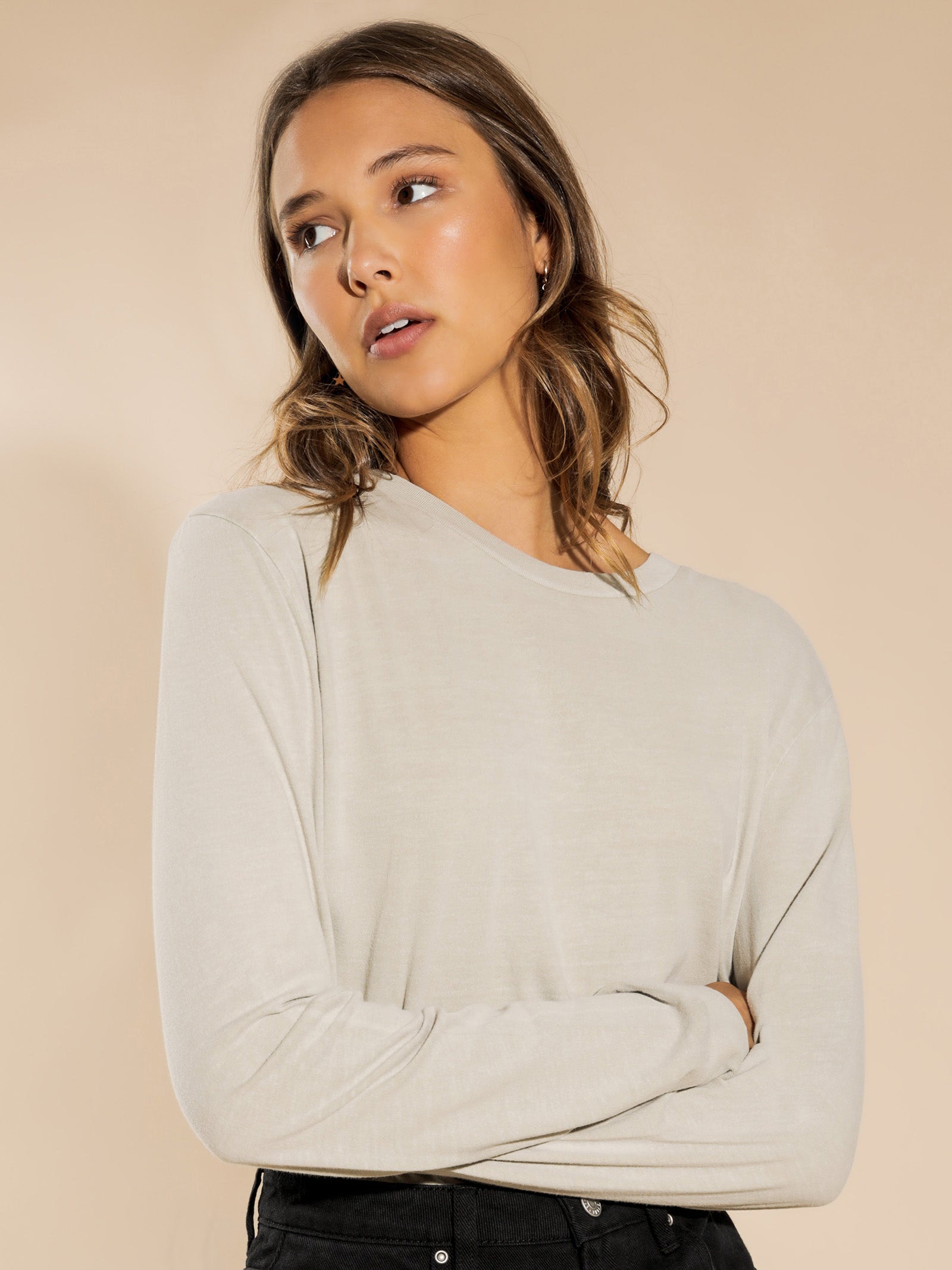 Athena Long Sleeve Boyfriend T-Shirt in Stone