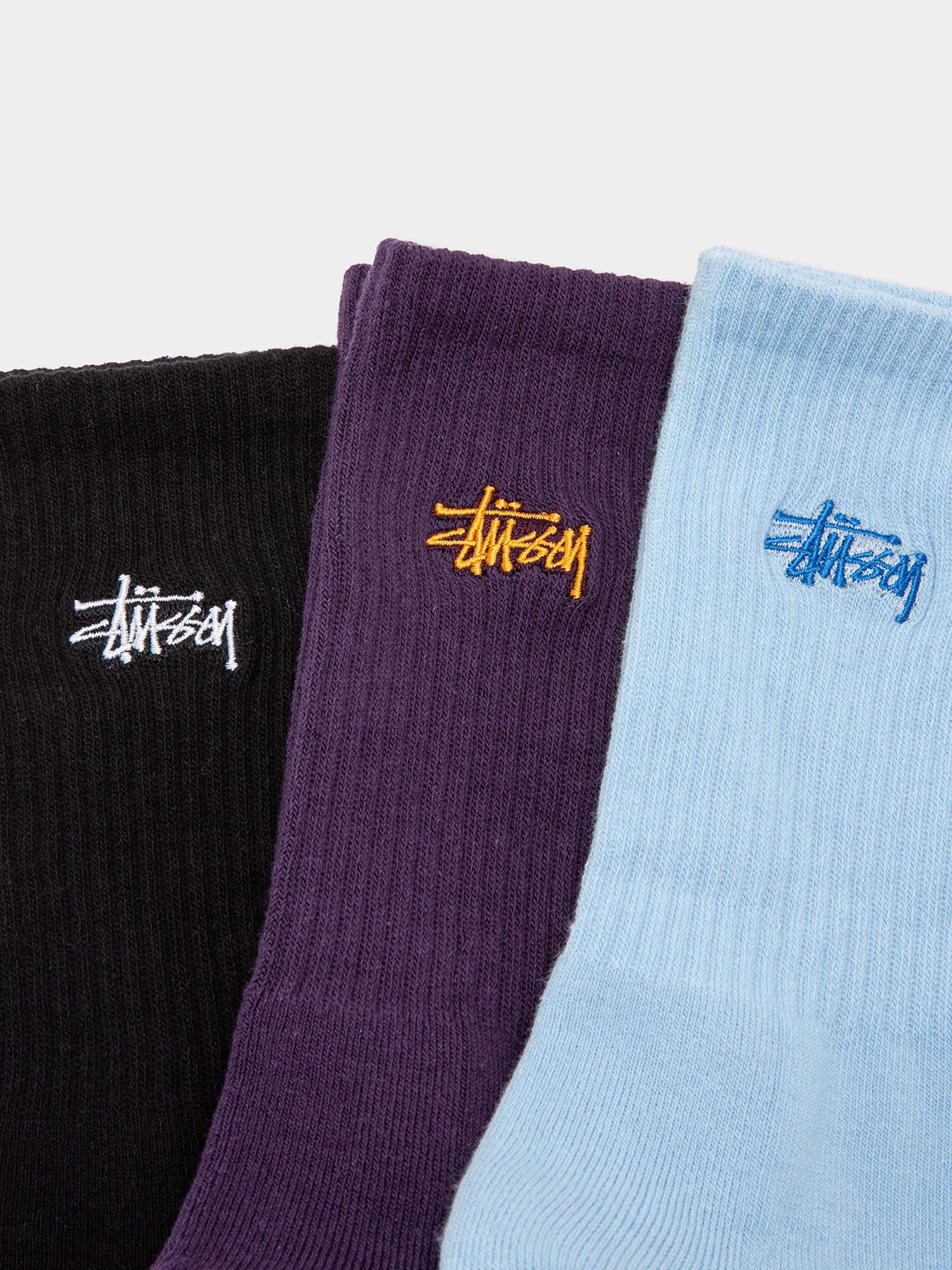 3 Pairs of Crew Socks in Blue, Purple & Black