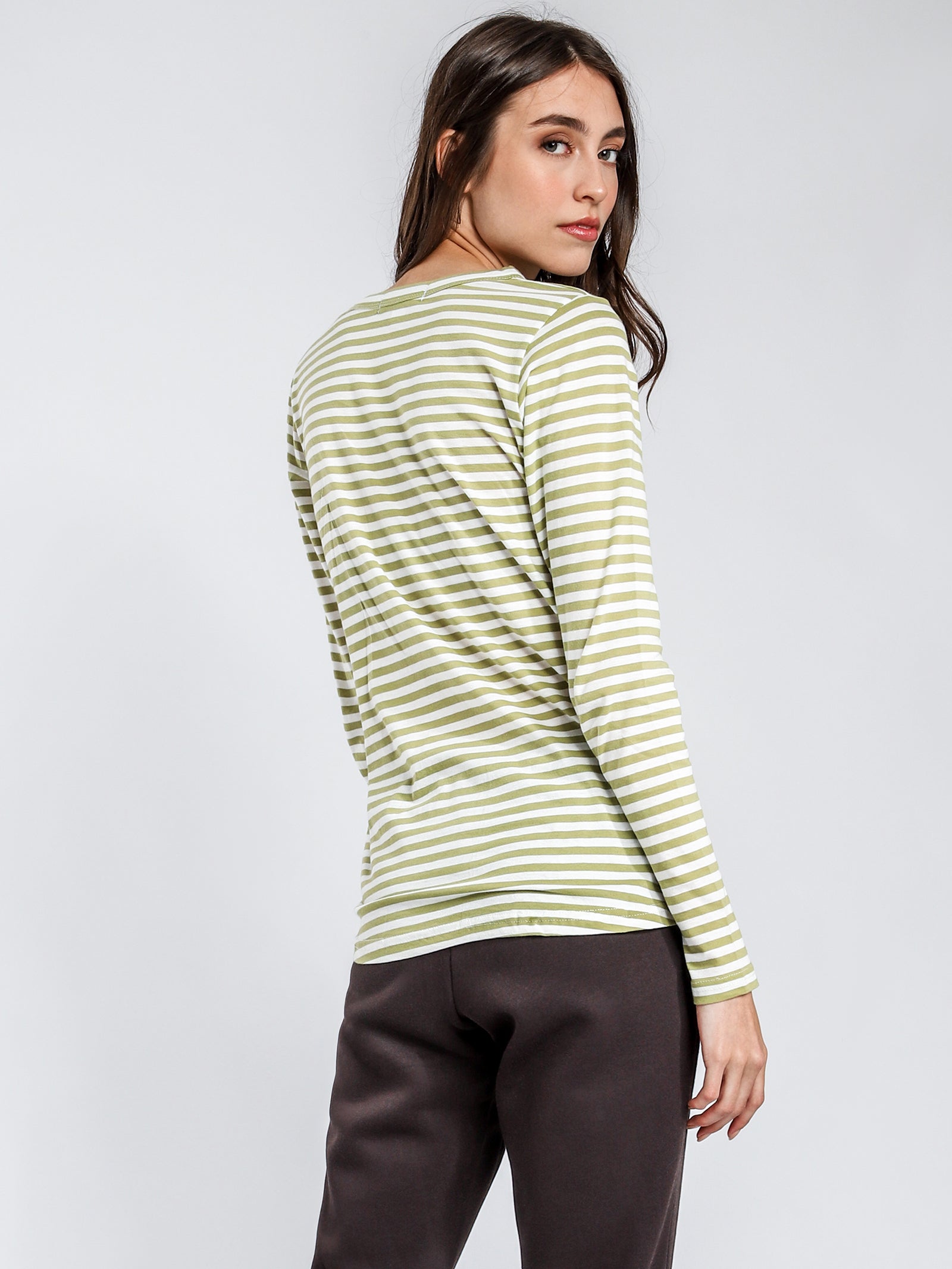 Ava Long Sleeve Top in Olive Green & White Stripe