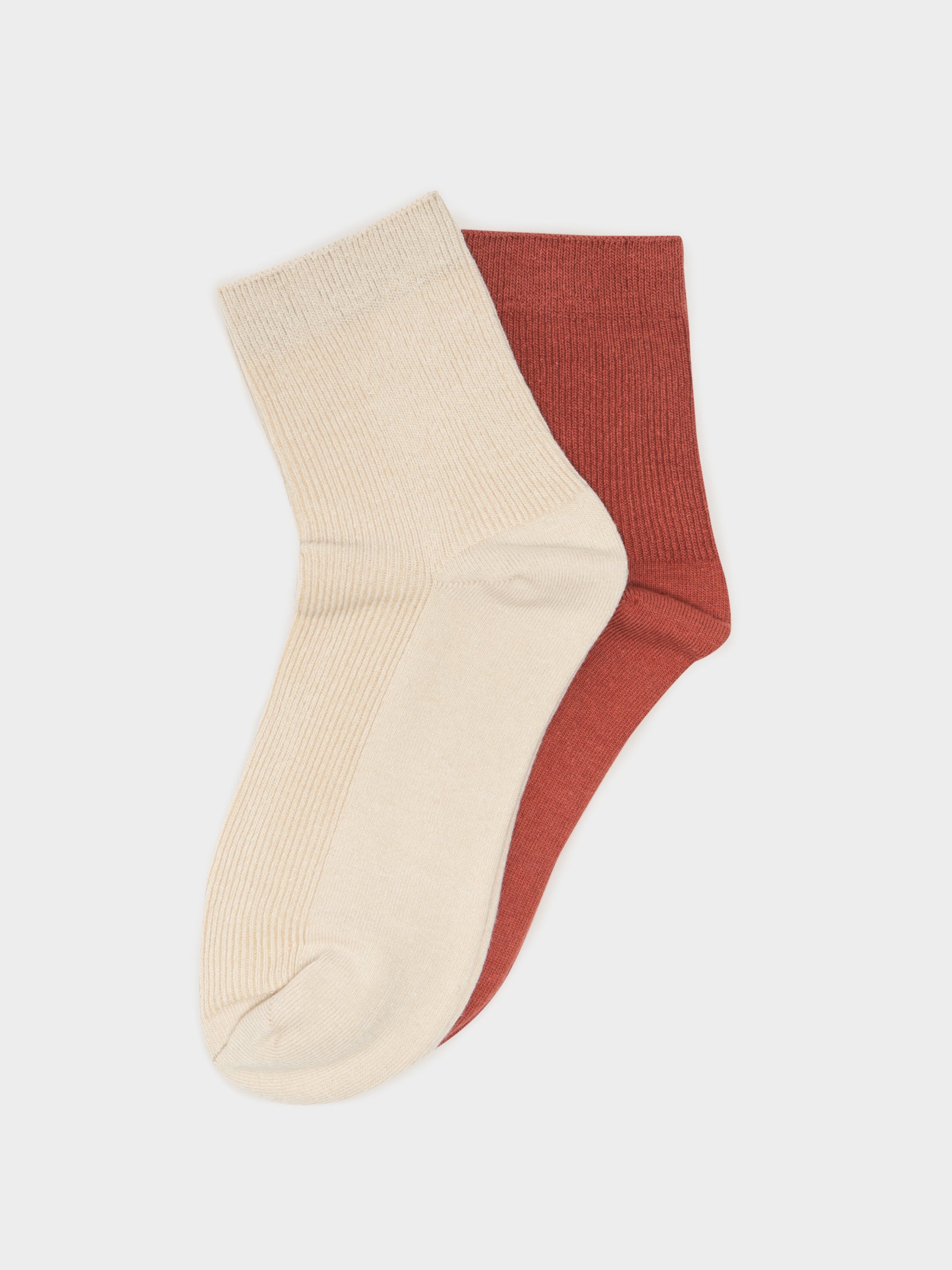 2 Pairs of Ribbed Crew Socks in Beige & Rust