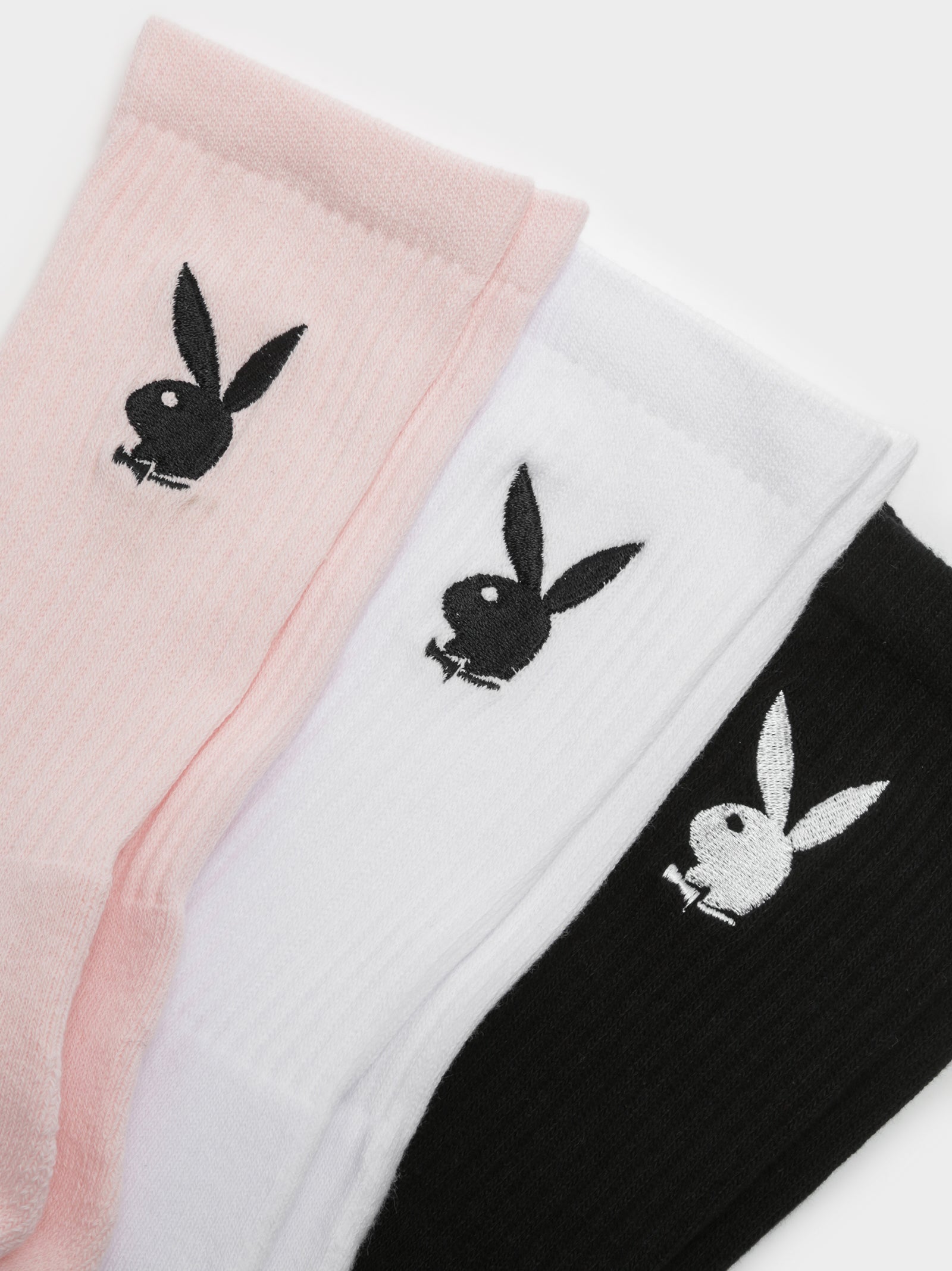 3 Pairs of Bunny Crew Socks in Black, White & Pink