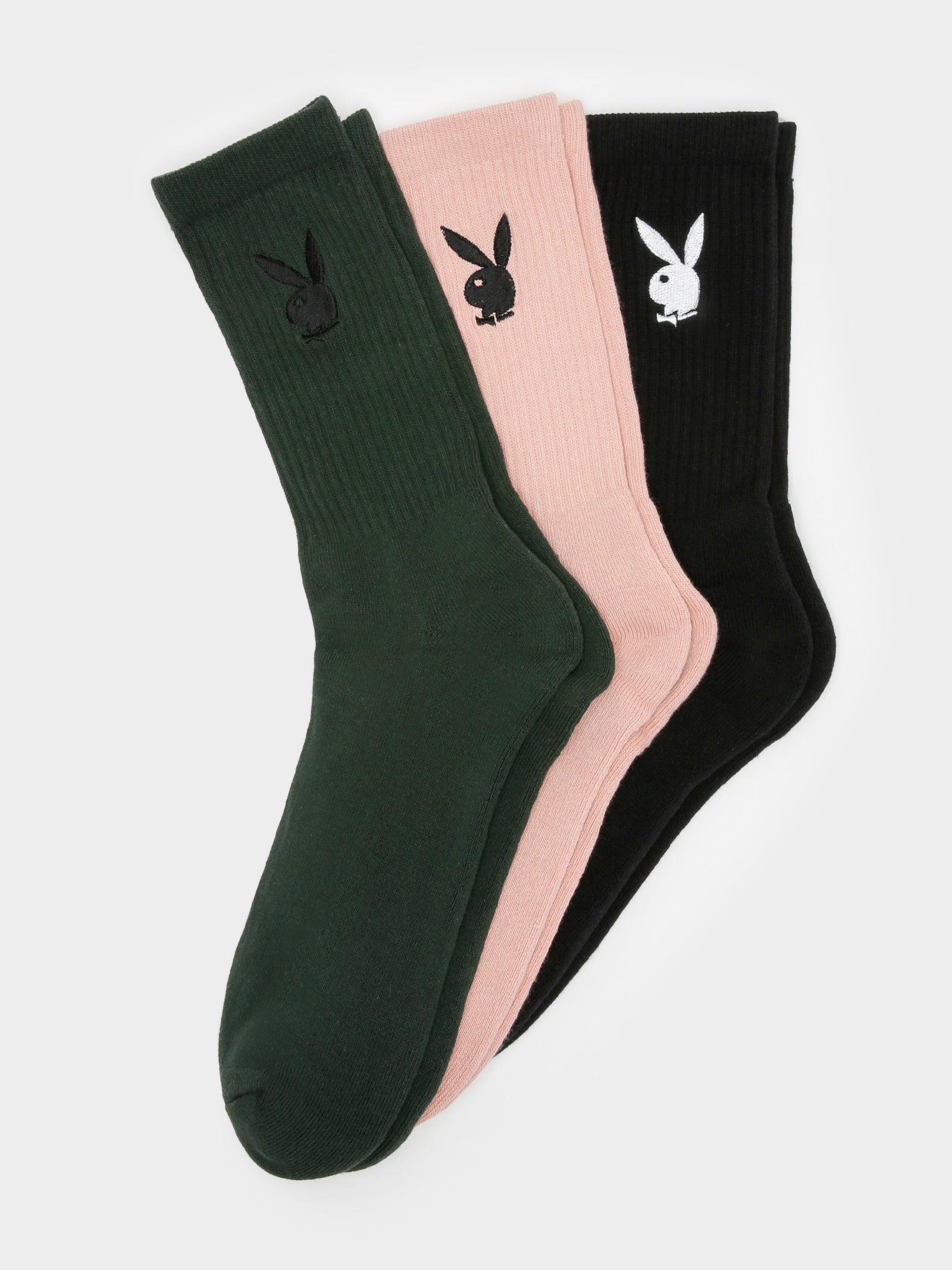 3 Pairs of Bunny Basics Crew Socks in Green, Pink & Black