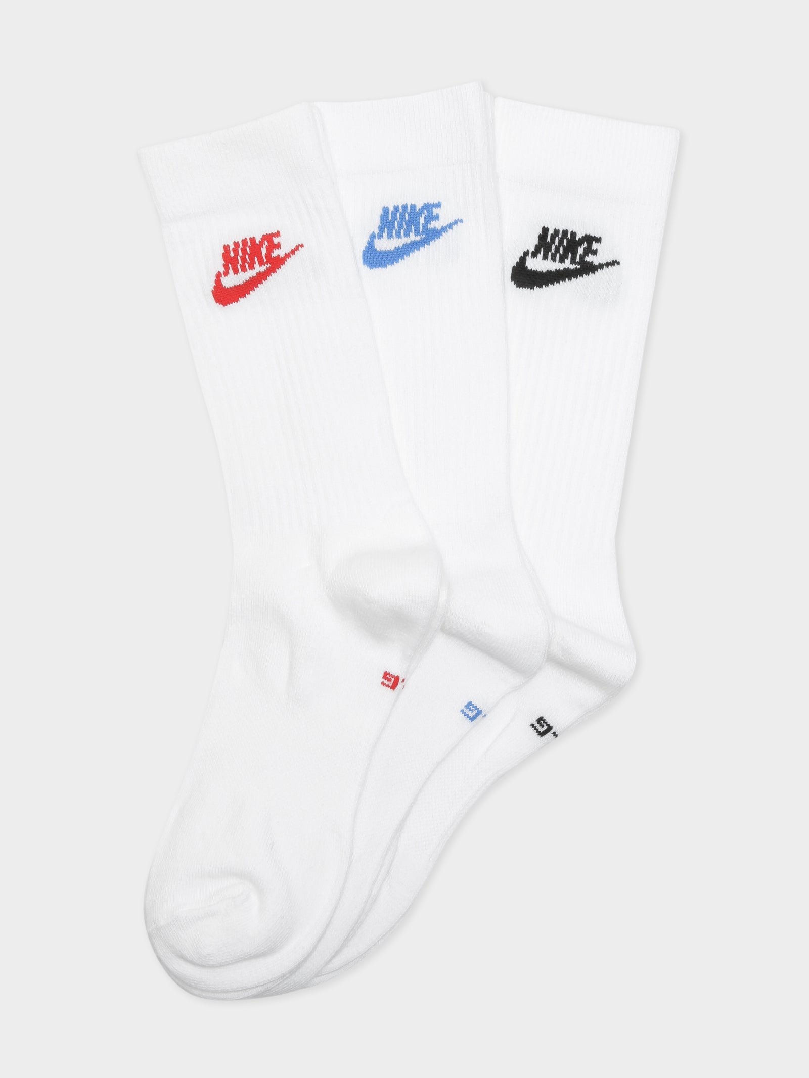 3 Pairs of Everyday Essential Crew Socks in Red Blue & Black