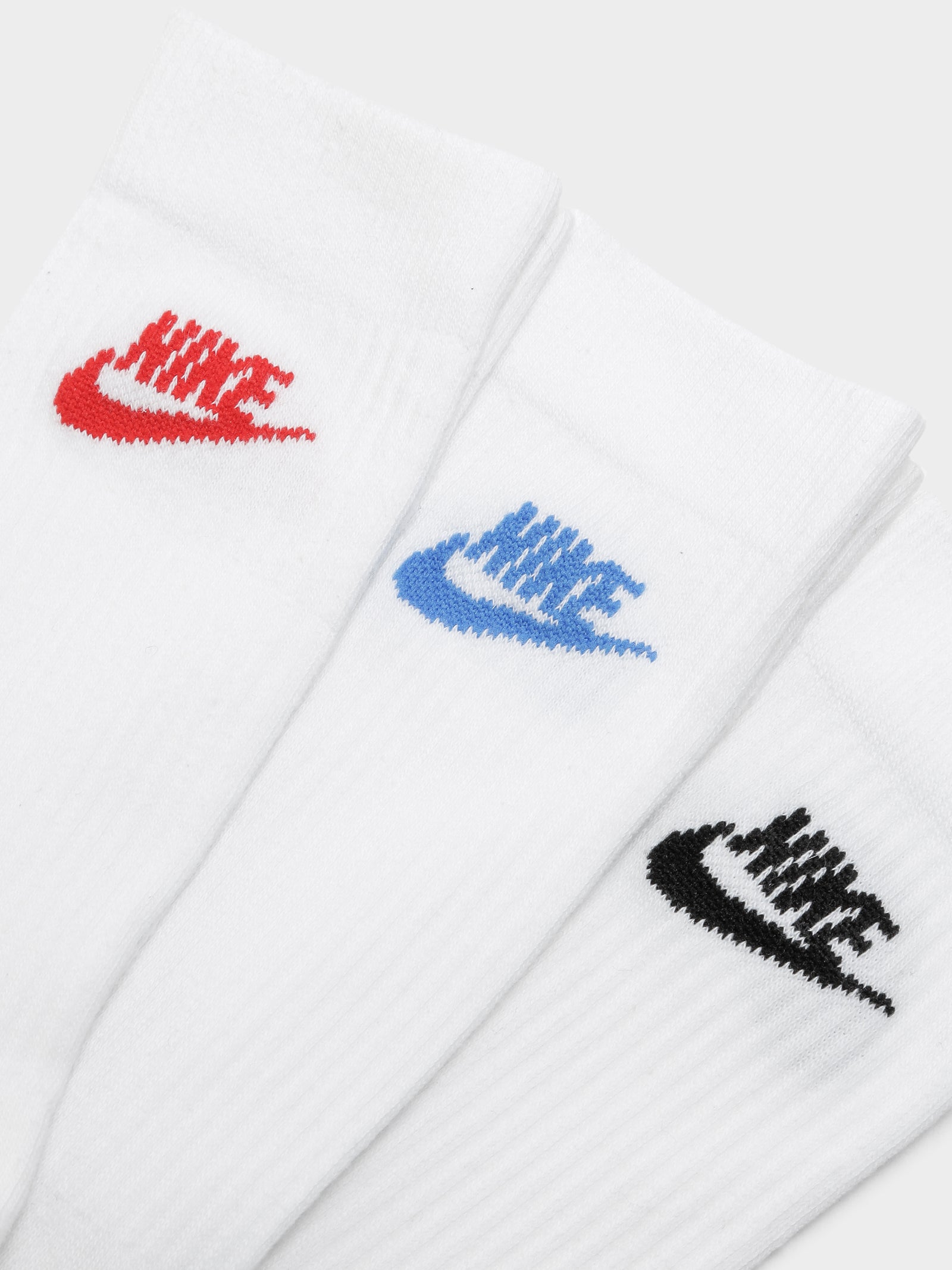 3 Pairs of Everyday Essential Crew Socks in Red Blue & Black