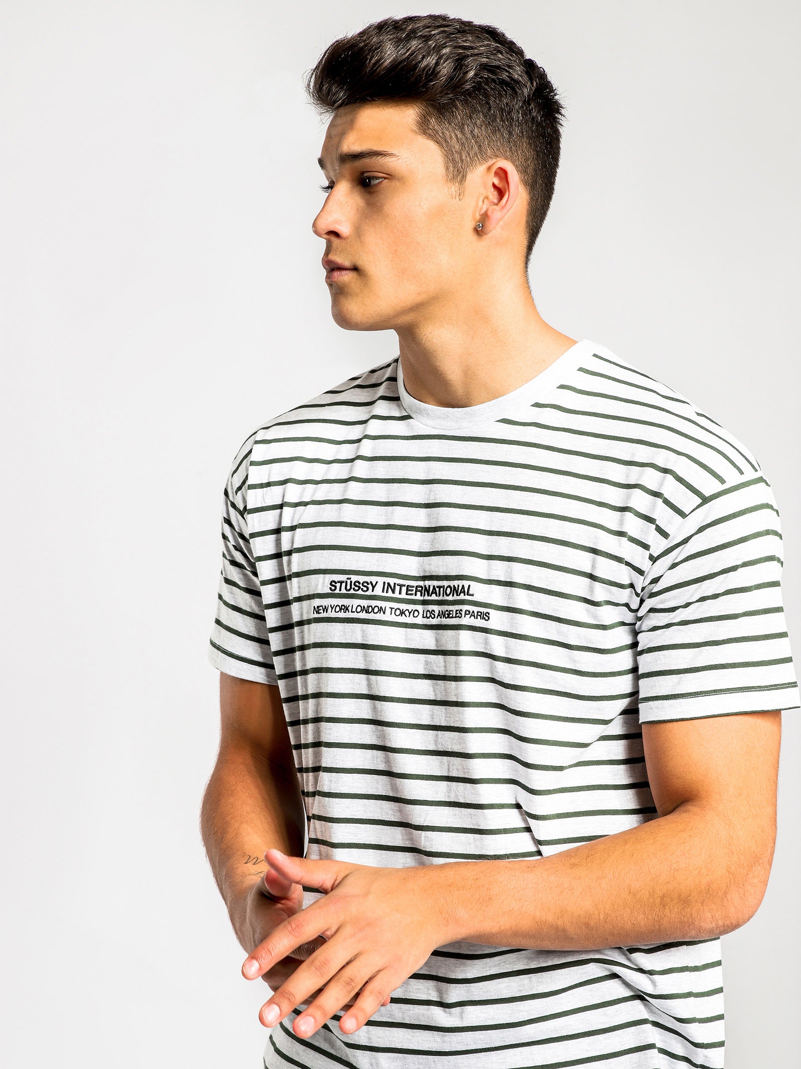 Bay YD Short Sleeve T-Shirt in Grey & Dark Teal Stripe