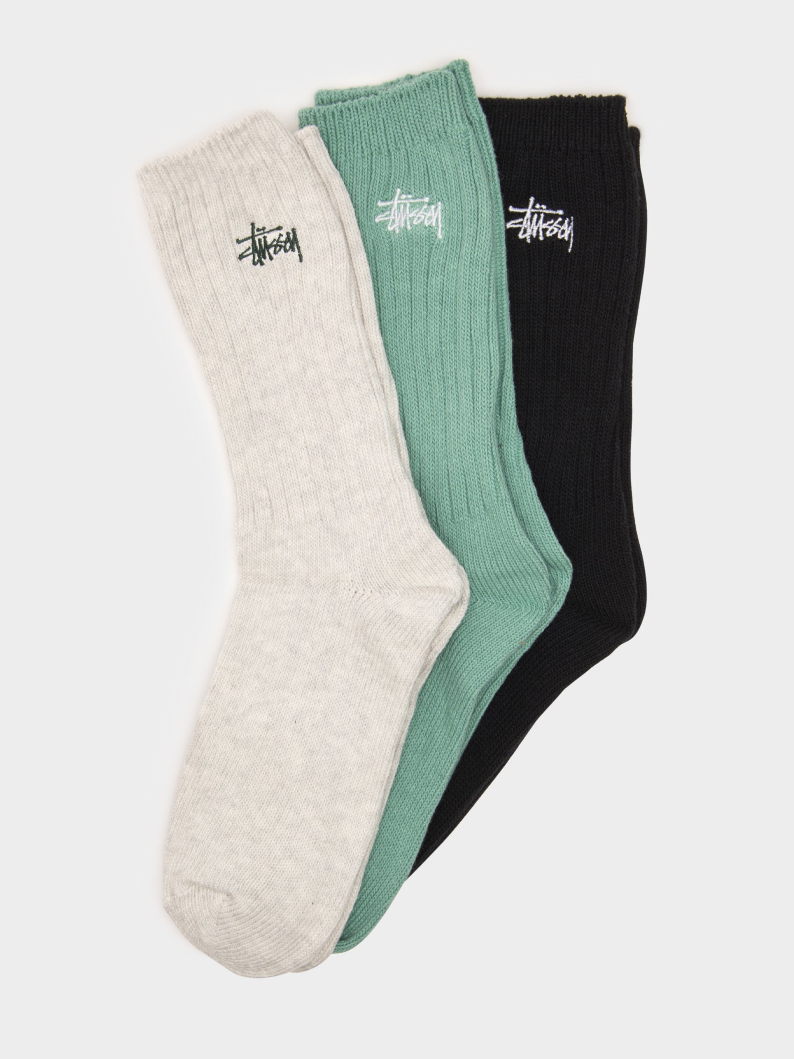 3 Pairs of Ribbed Graffiti Crew Socks in Black, Teal & White