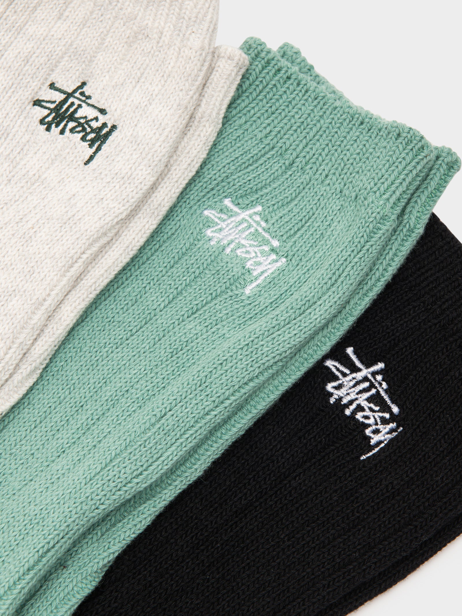 3 Pairs of Ribbed Graffiti Crew Socks in Black, Teal & White