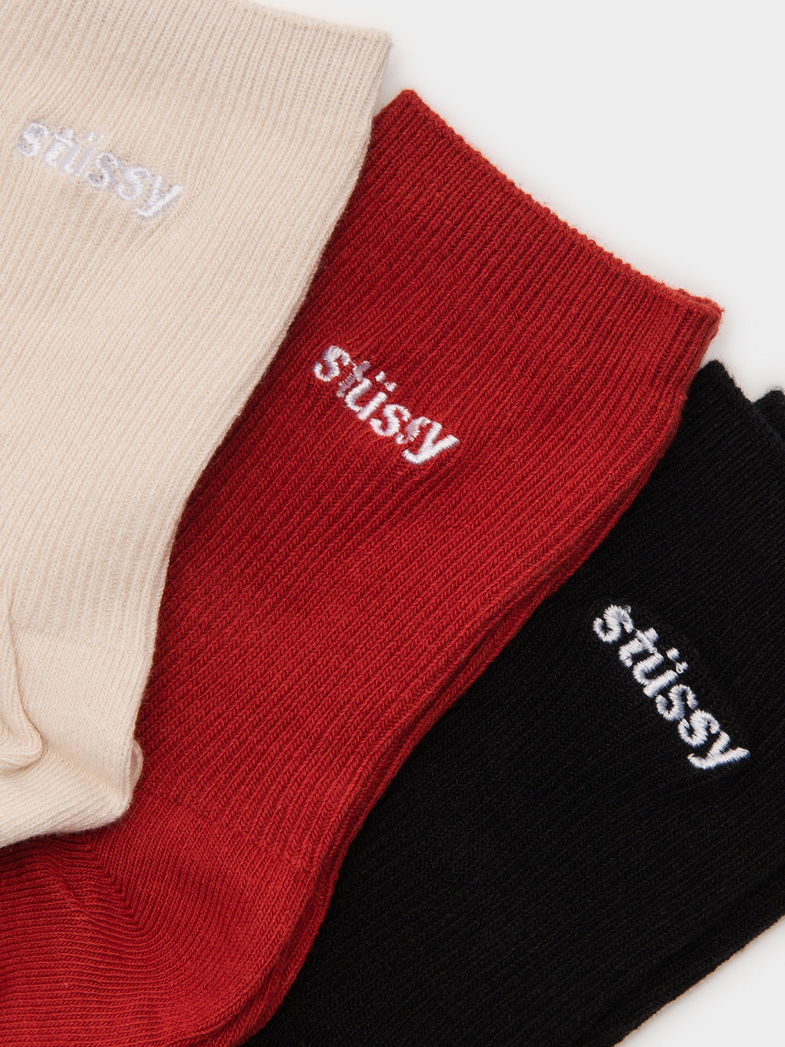 3 Pairs of Ribbed Socks in Red, Black & Beige