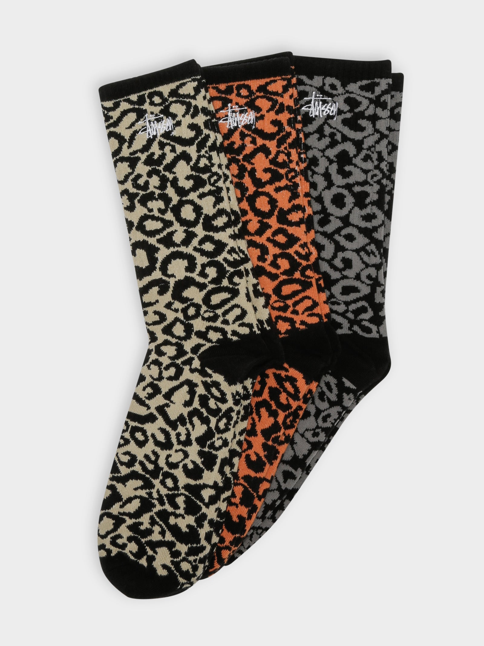 3 Pairs of Leopard Print Socks in Beige, Orange & Grey