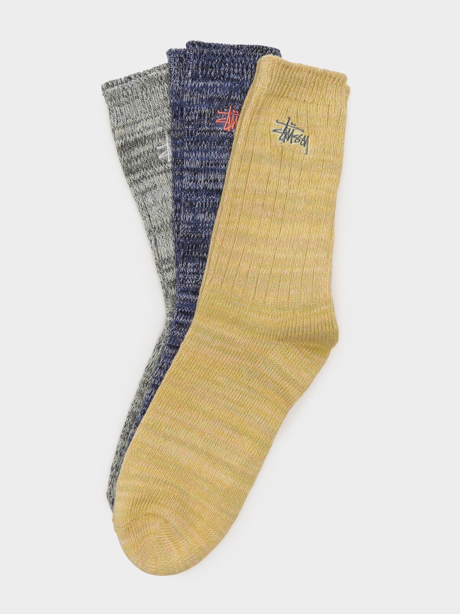 3 Pairs of Graffiti Multi-Yarn Crew Socks in Blue Grey & Yellow