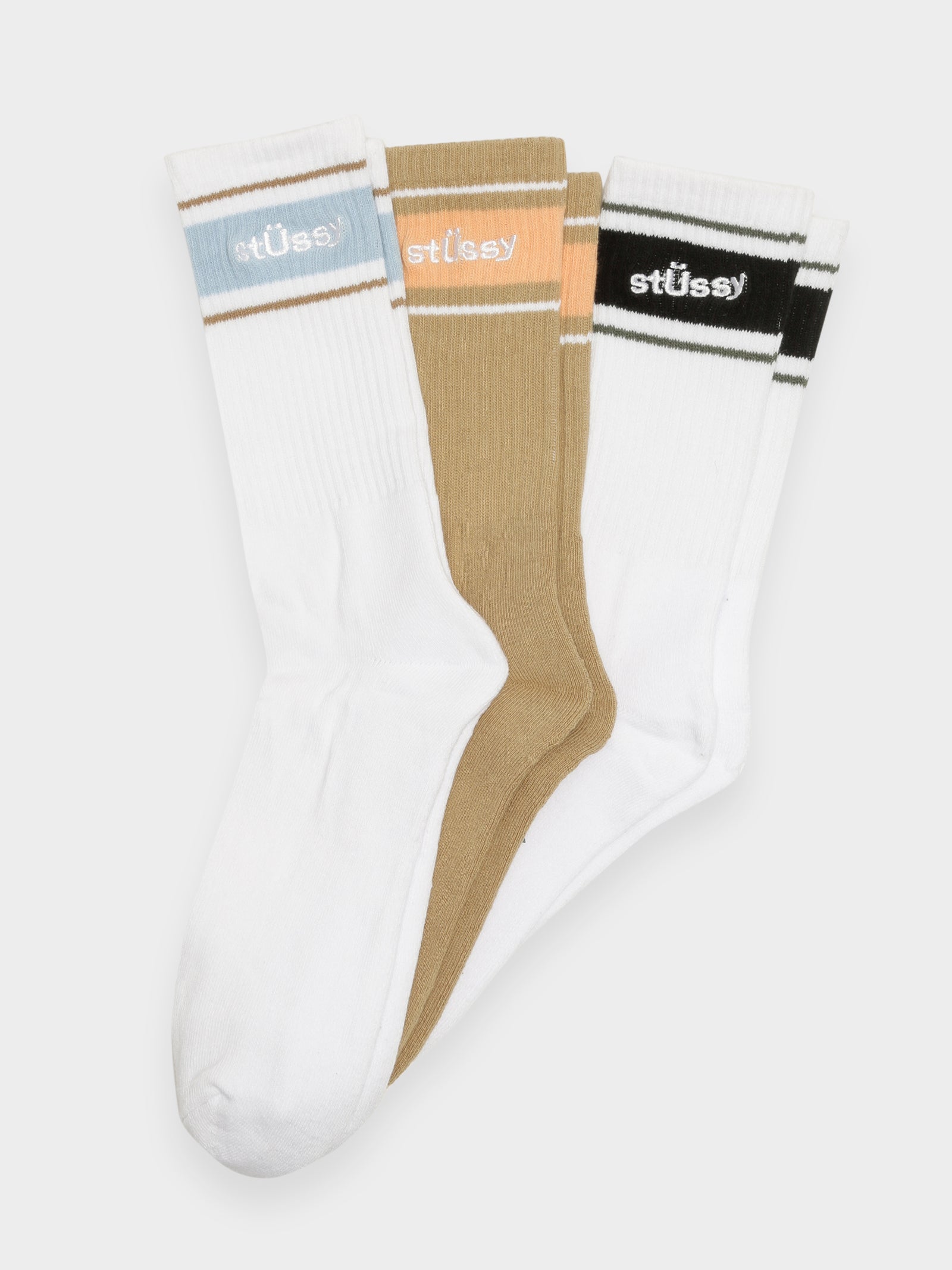 3 Pairs of Sport Crew Socks in White & Brown