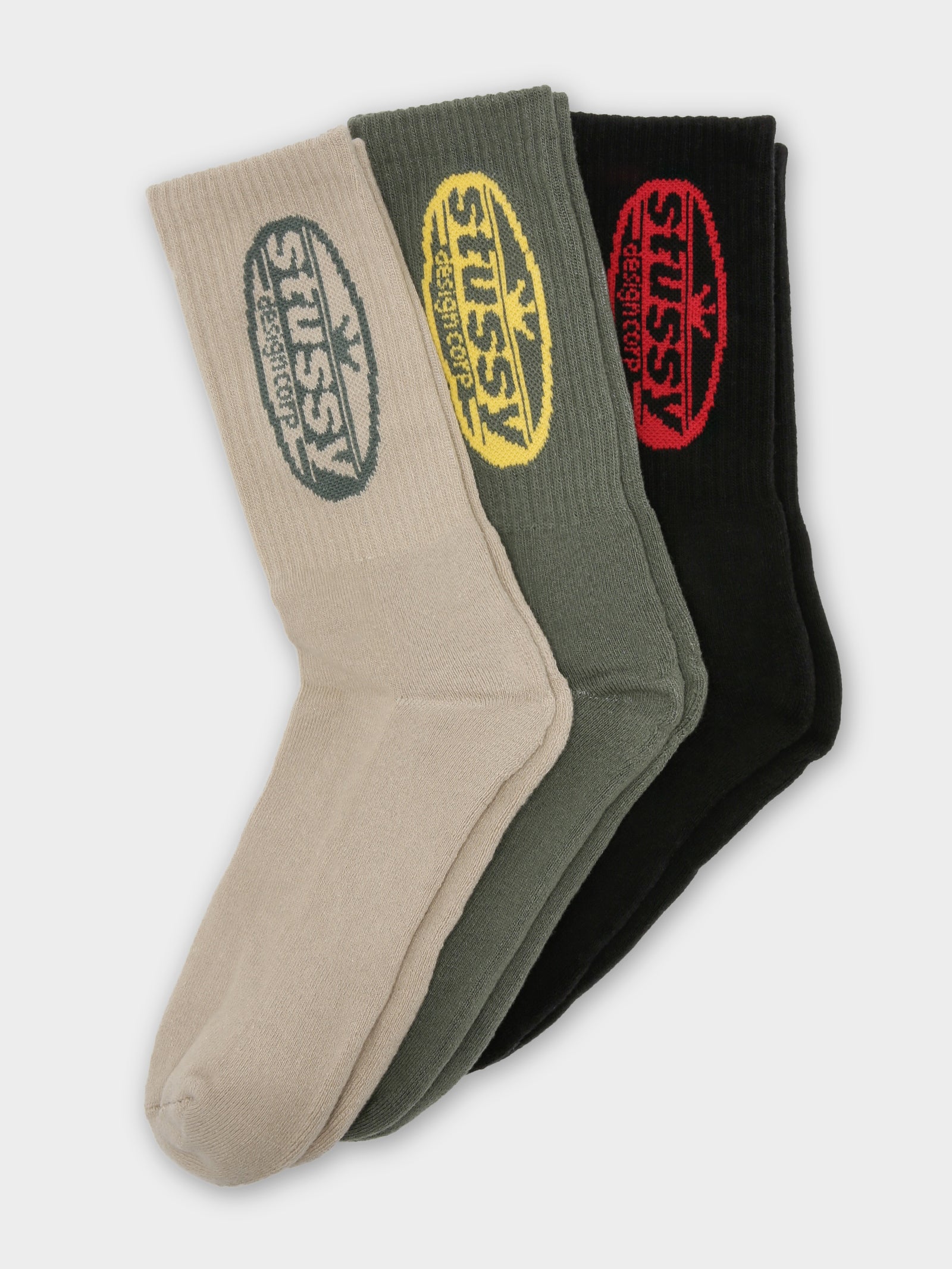 3 Pairs of Oval Corp Socks in Black, Green & Beige