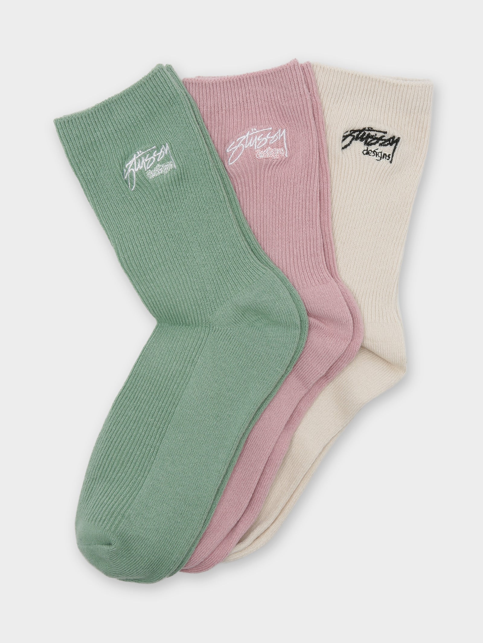 3 Pairs of Womens Design Rib Socks in Green, Pink & Beige