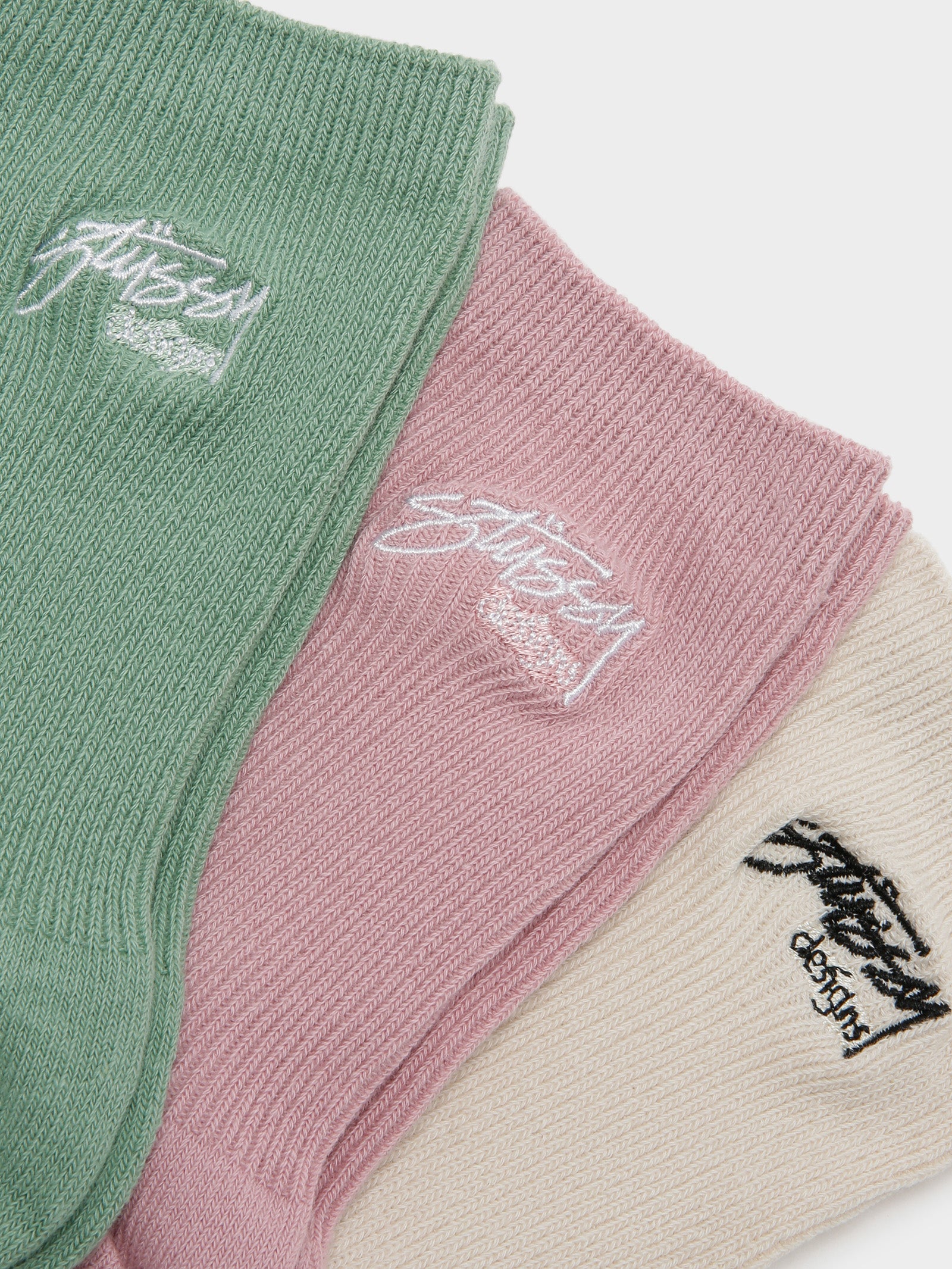 3 Pairs of Womens Design Rib Socks in Green, Pink & Beige