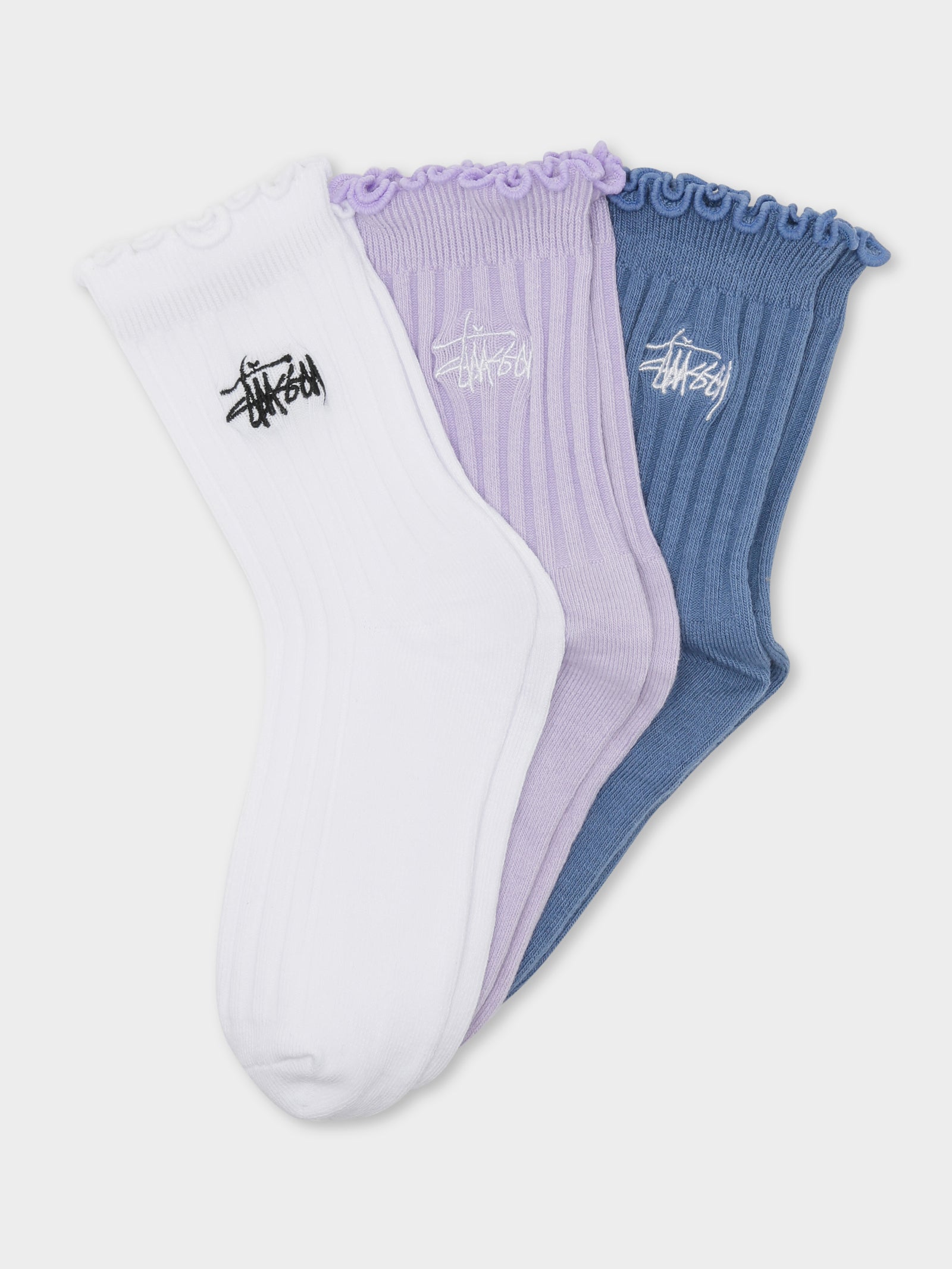 3 Pairs of Womens Graffiti Socks in White, Purple & Blue