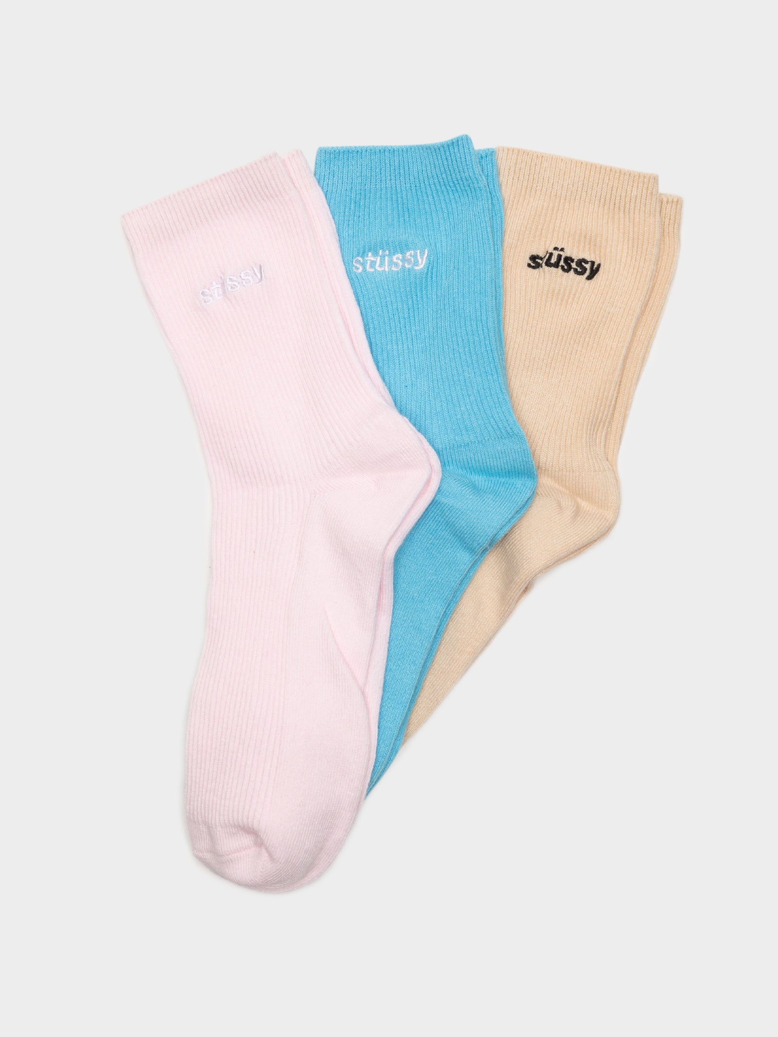 3 Pairs of Womens Rib Sock in Pink, Blue & Tan