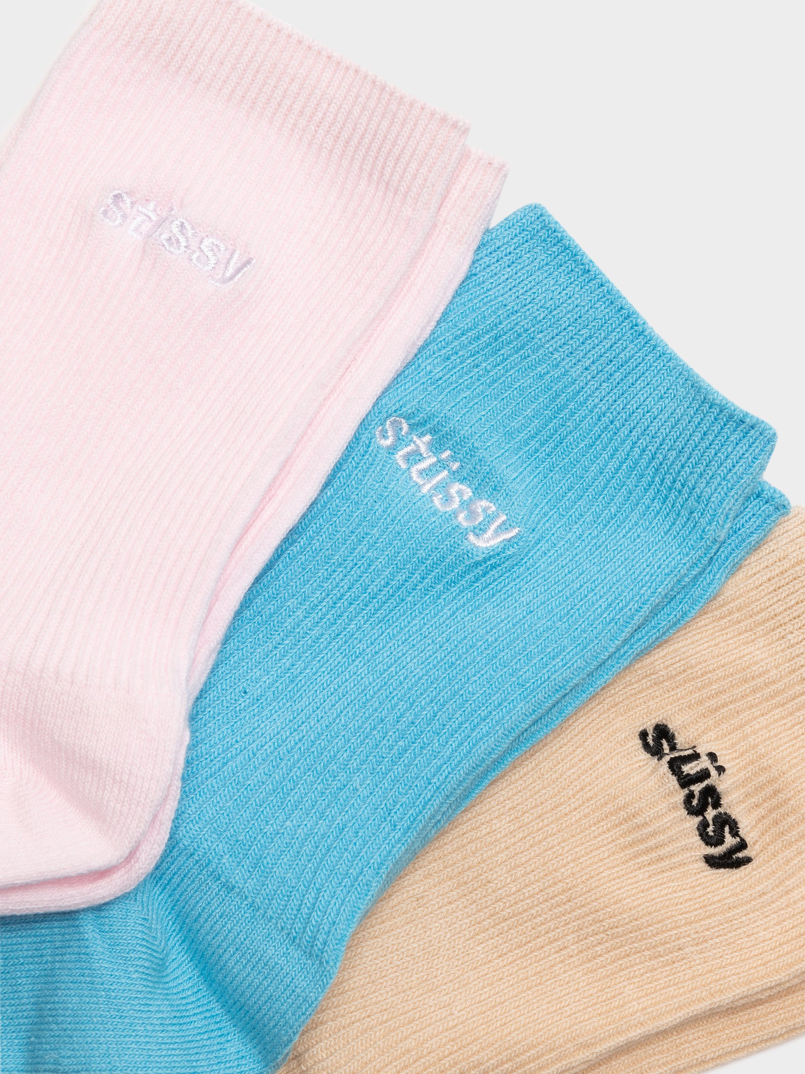 3 Pairs of Womens Rib Sock in Pink, Blue & Tan