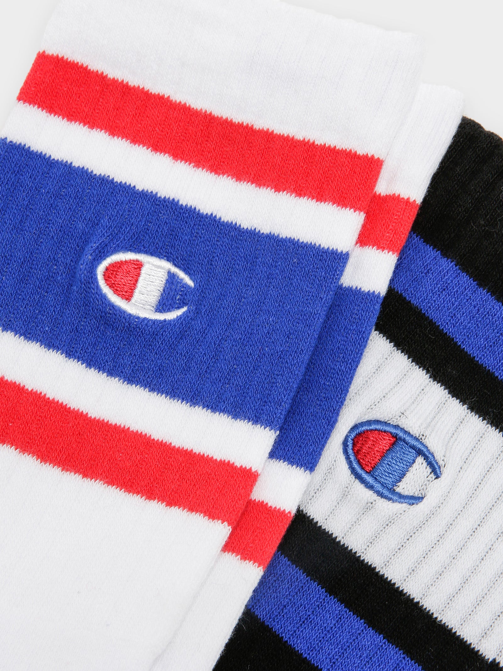 2 Pairs of Stripe Crew Socks in White & Black