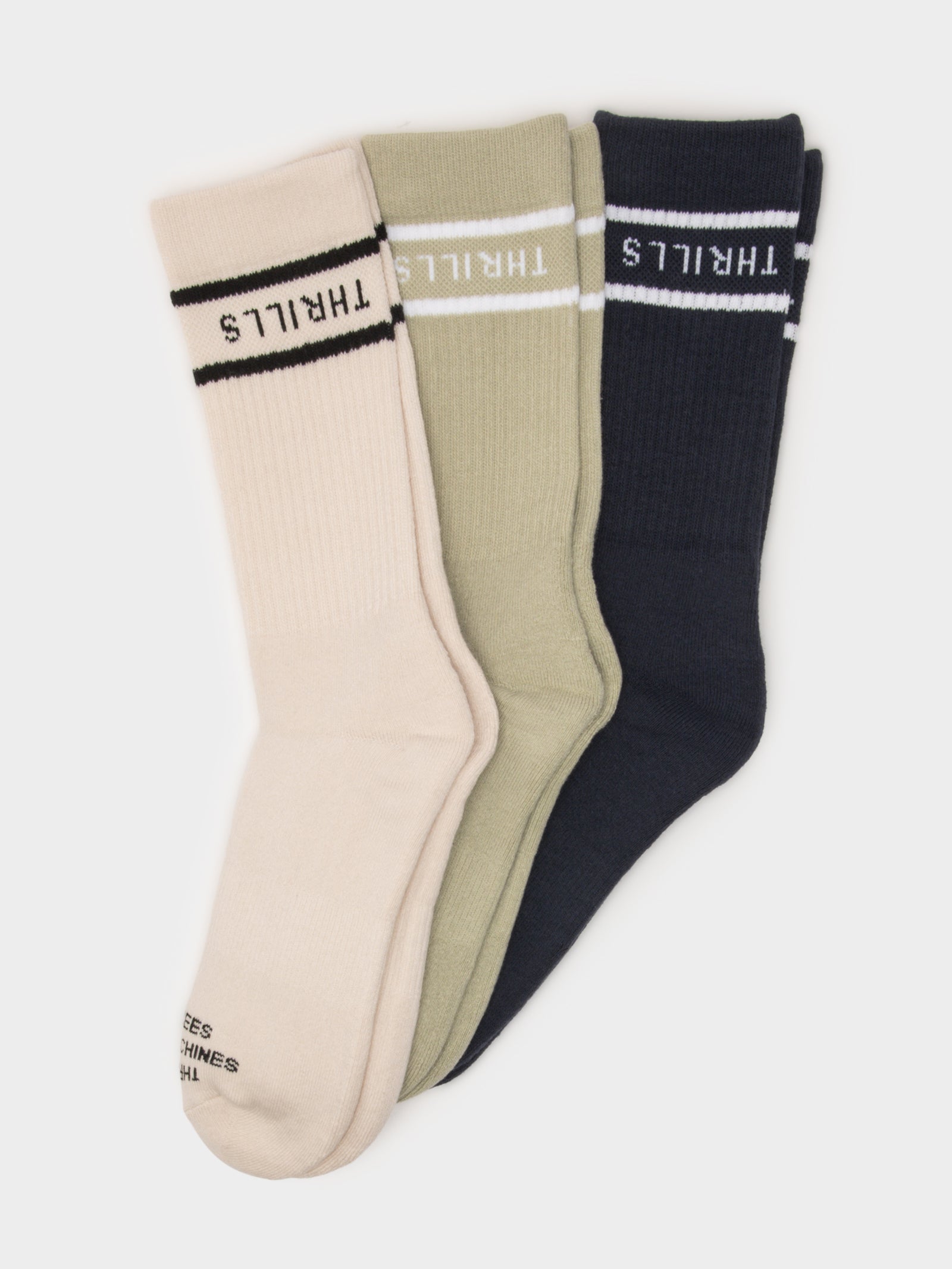 3 Pairs of Minimal Thrills Socks in Sand, Khaki & Black