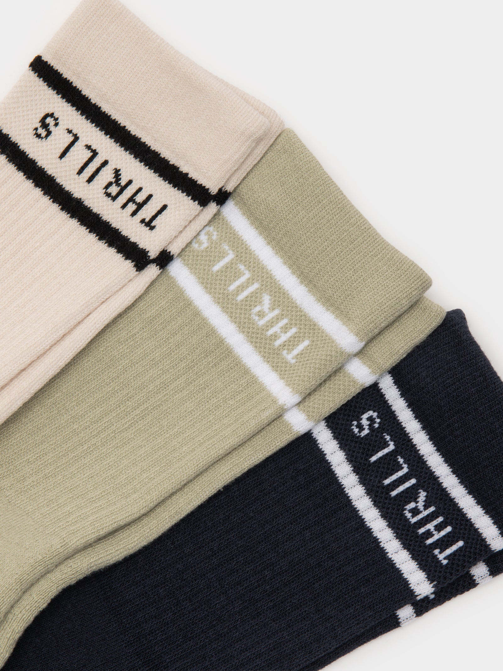 3 Pairs of Minimal Thrills Socks in Sand, Khaki & Black