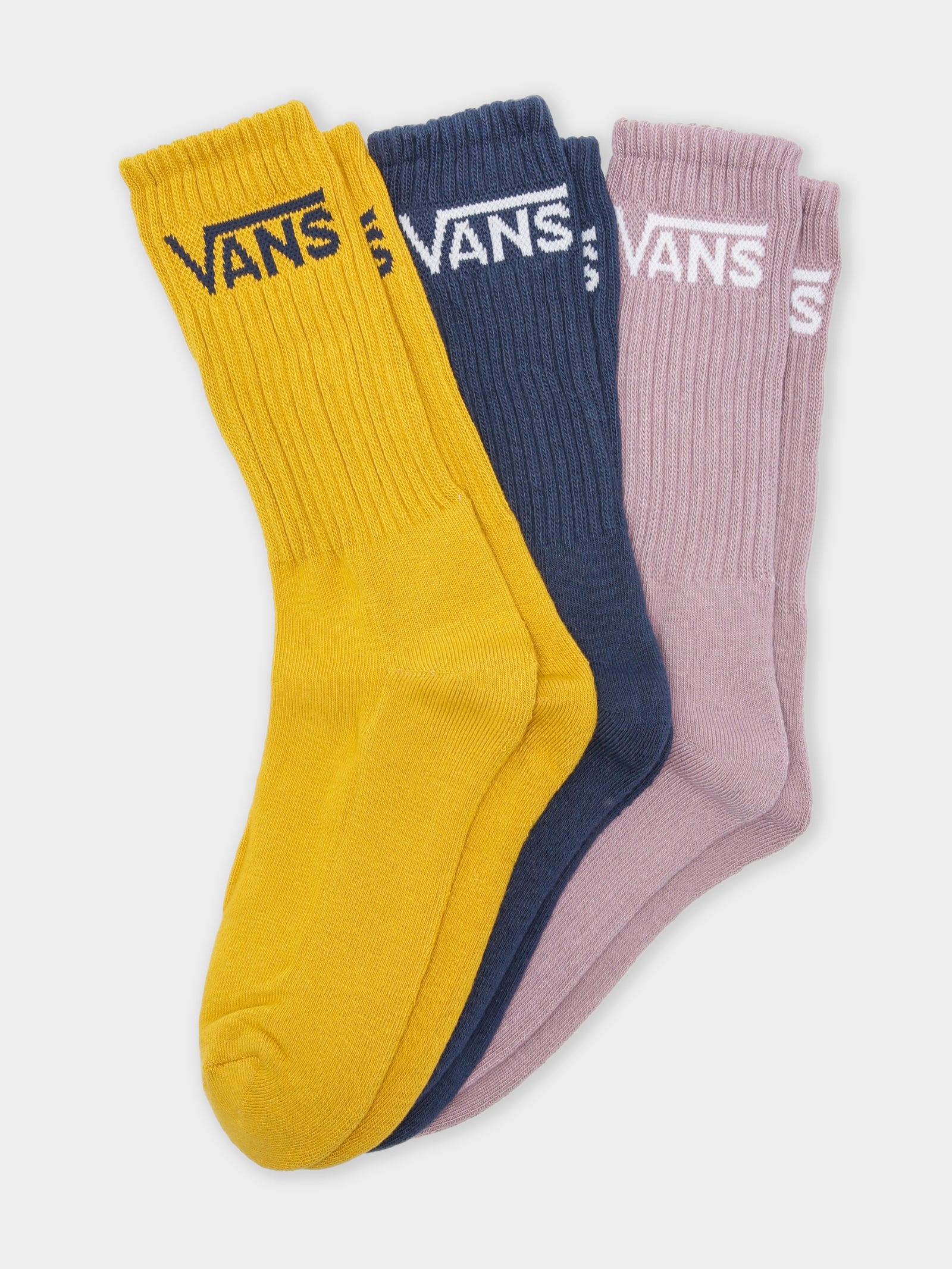 3 Pairs of Classic Crew Socks (Size 6.5-9) in Yellow, Black & Purple