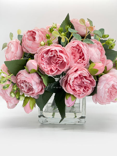 Pink Rose Peony Arrangement, Artificial Faux Centerpiece, Silk Flowers ...