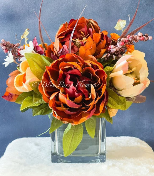 Fall or Thanksgiving Arrangement, Orange, Brown Roses in Gold Vase, Floral  Decor Centerpiece, Faux Florals Artificial Flowers Silk Decor