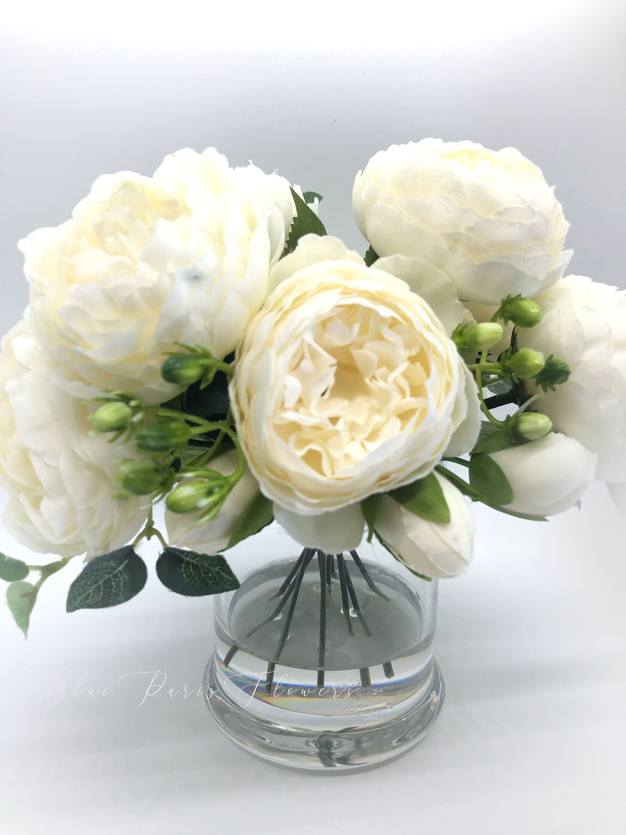 White Rose Peony Arrangement, Artificial Faux Centerpiece, Silk Flower –  Blue Paris Flowers