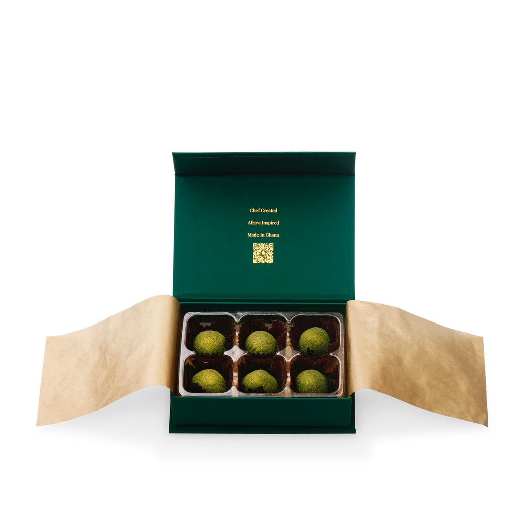 Midunu Chocolates award winning limited edition 6 piece box of the Kukua (moringa and white chocolate) truffle