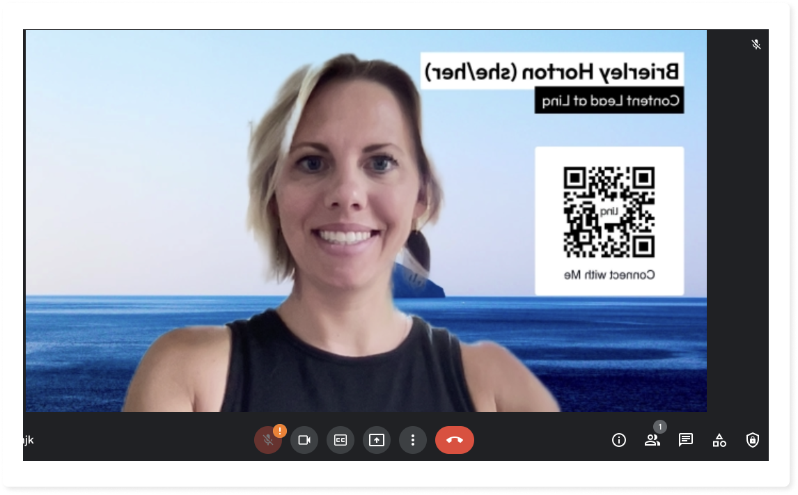 Screenshot of Linq digital business card included in a custom virtual background in Google Meet