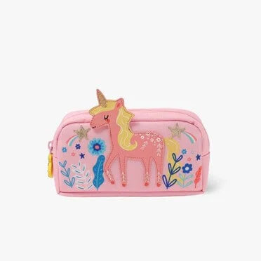 A pencil case in a unicorn design in colour pink.