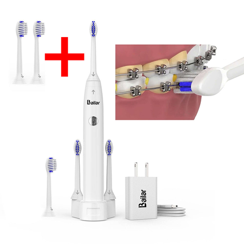 The Sonic Toothbrush for Braces by LBailar with its Charging Stand, Adapter, and Additional Brush Heads