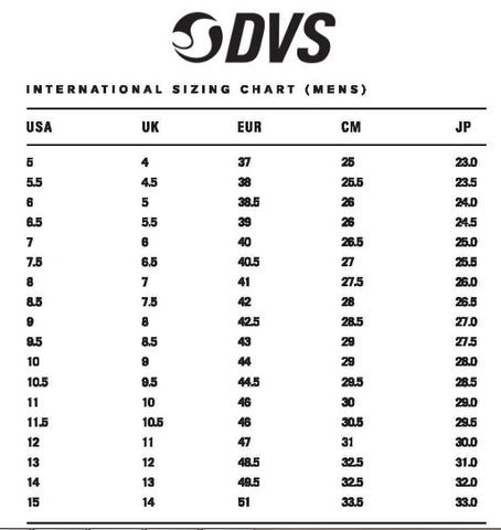 DVS Size Chart – Go Sports Skate Shop