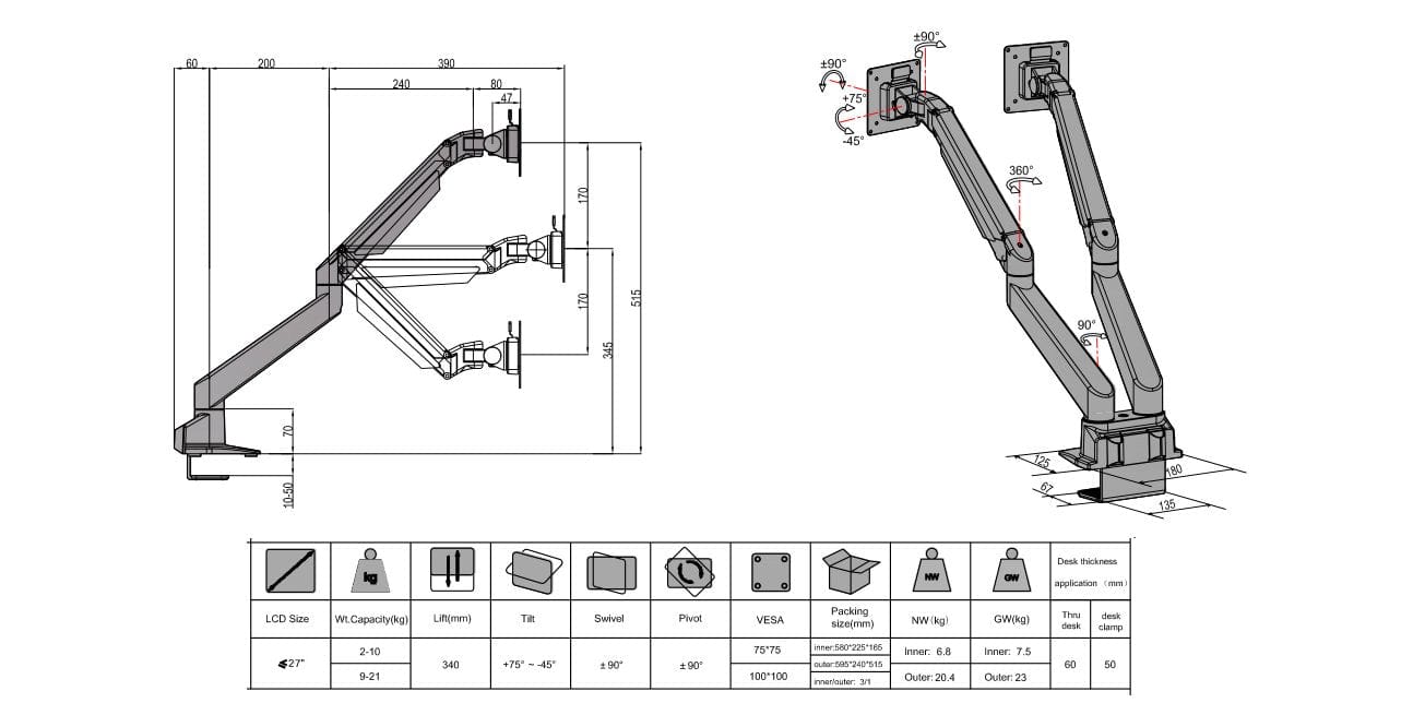 premium dual monitor arm dimensions
