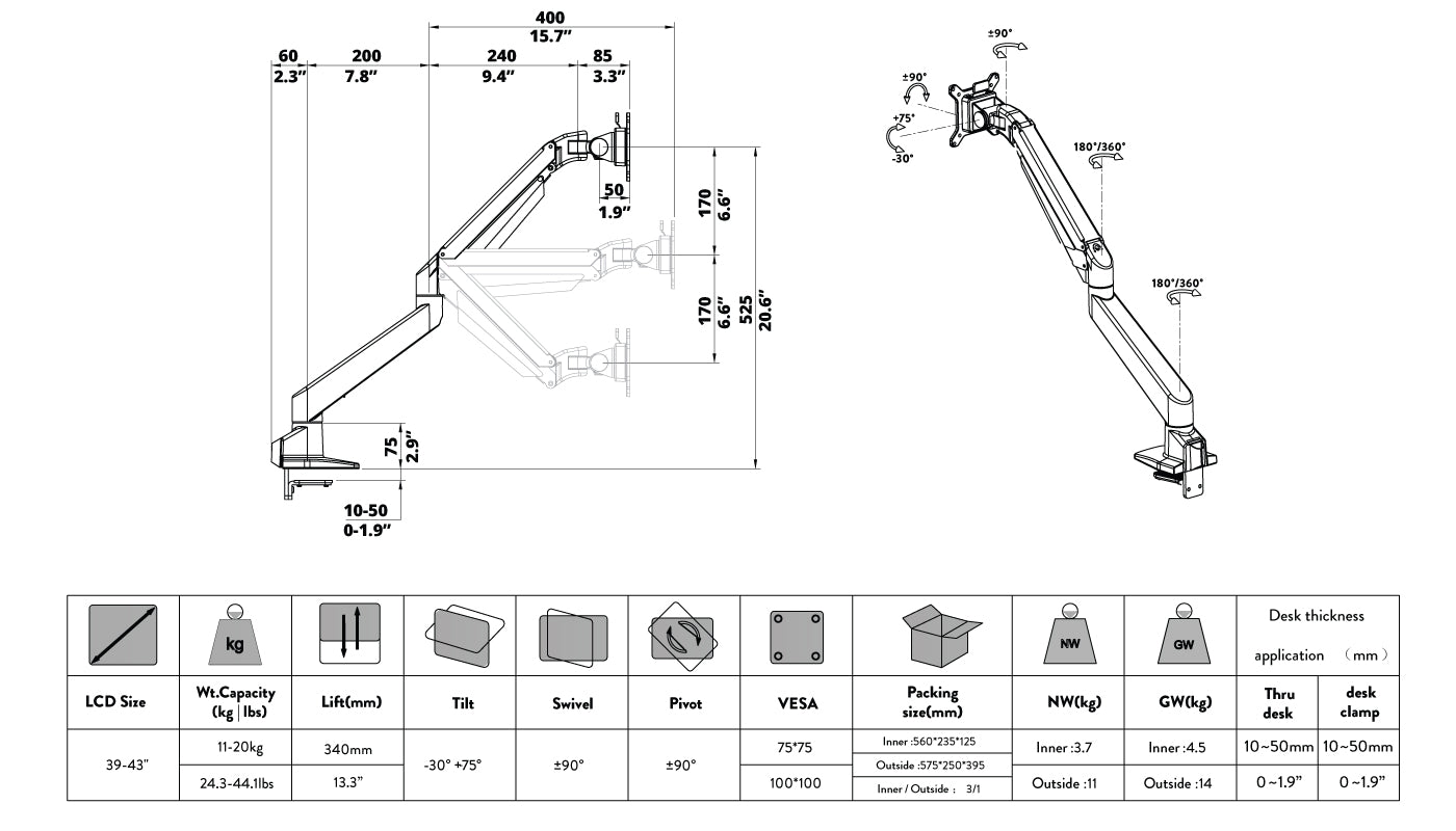 single monitor arm dimensions