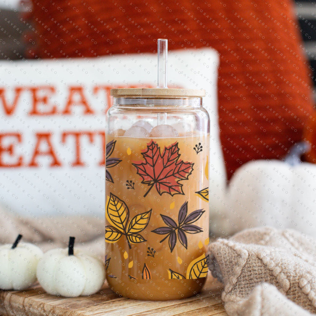 Fall Glass Cups with Lid and Straw - The White Invite
