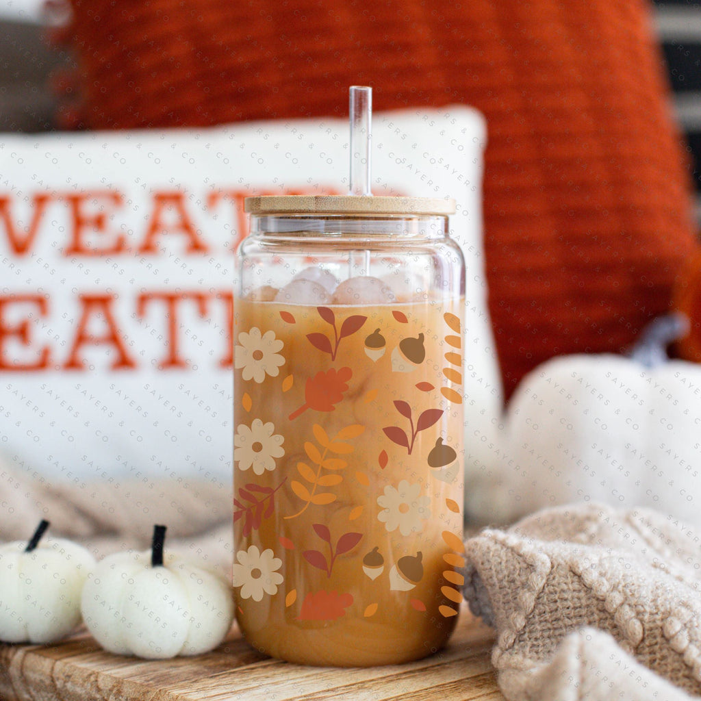 16oz Fall Leaves Iced Coffee Glass Can, Fall Tumbler, Thanksgiving Tumbler,  Gift For Her, Fall Mug with Bamboo Lid & Straw #100045 Sayers & Co.