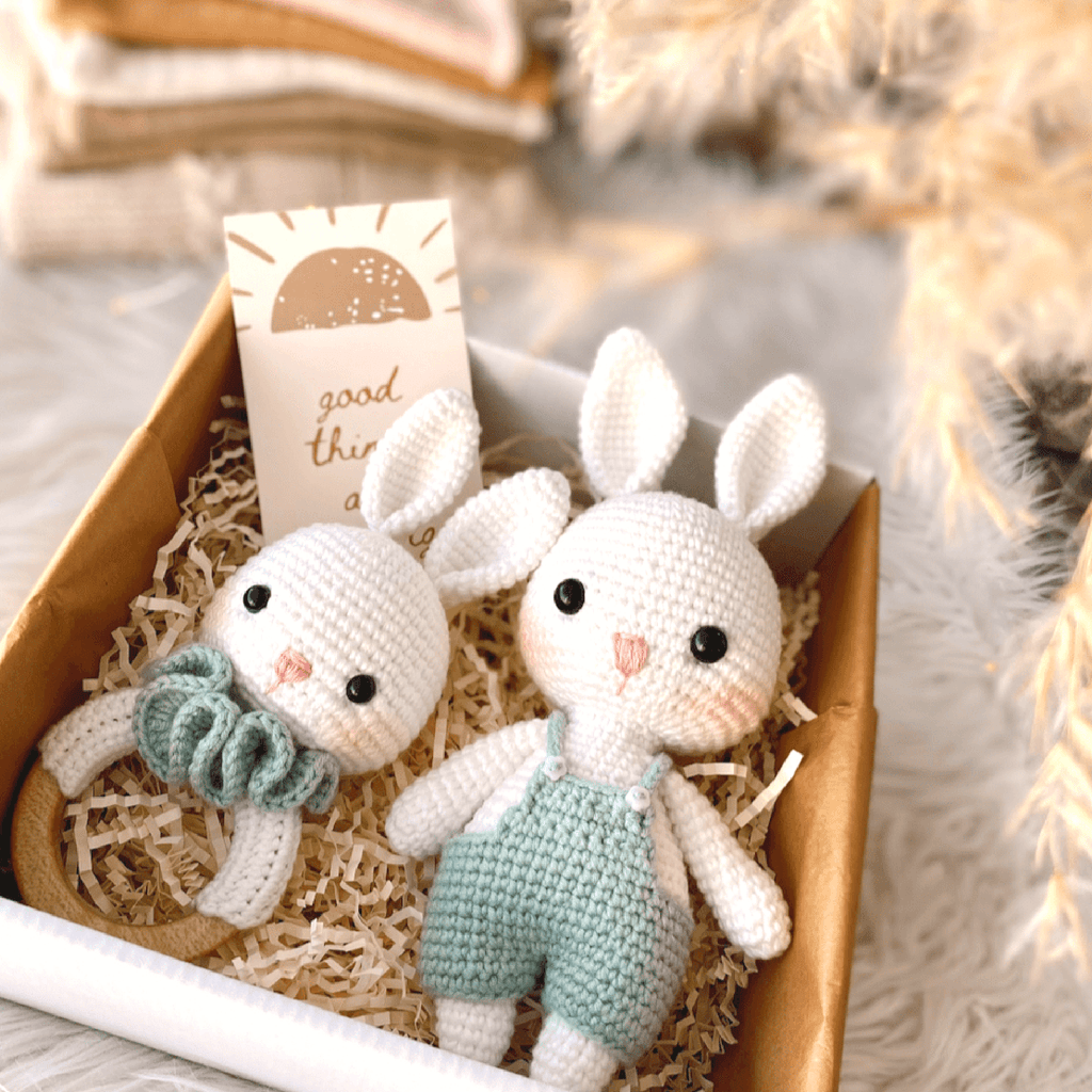 minihobievi Hediye Açık Krem-Yeşil Amigurumi Tulumlu Tavşan Set