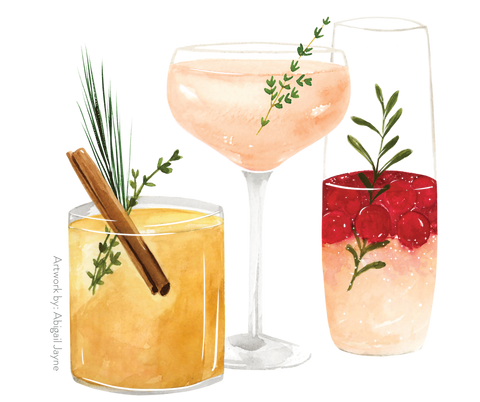 Watercolour illustrated cocktails on a transparent background. Drawn by artist Abigail Jayne.
