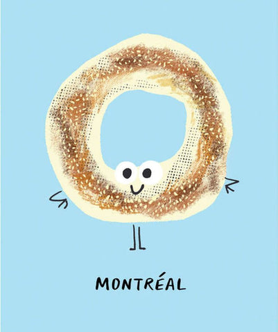 Illustration by Tine Modeweg Hansen, of a montreal style bagel. The bagel has a little smiling face, and feet! 