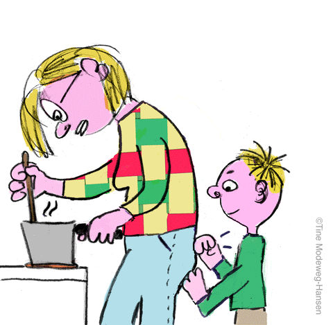 Gif illustrated by Tine Modweg Hansen of a small boy punching his moms behind. There is text that reads, Mom: Don't do that I don't like it! Boy: But it's so soft and mushy! 
