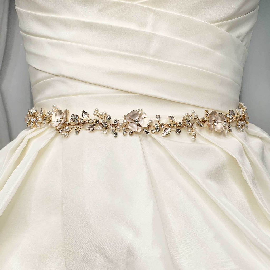 Custom Gold Floral Belt modelled on a Bridal Dress