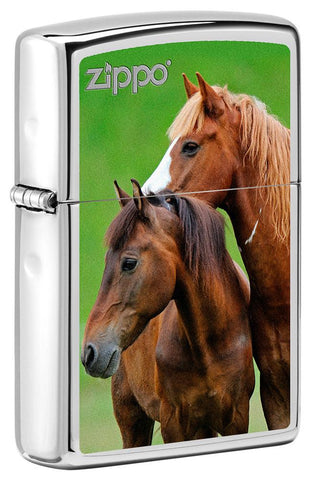 Front shot of Two Horses Design Windproof Pocket Lighter standing at a 3/4 angle.
