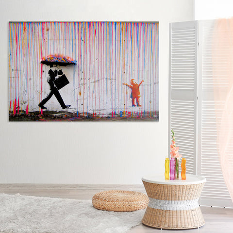 Banksy Colored Rain Rainbow Wall Art Canvas Print 