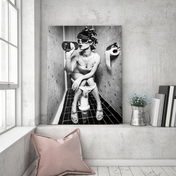 Girl Sitting on Toilet Drinking and Smoking Wall Art Canvas Print