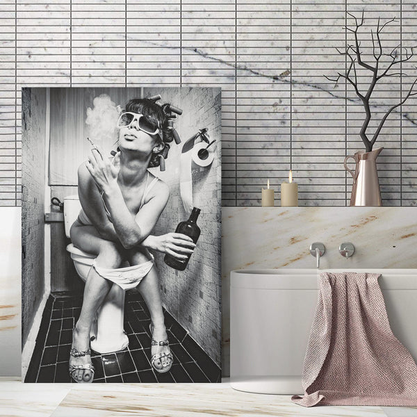 Girl Sitting on Toilet Smoking and Drinking Wall Art Canvas Print