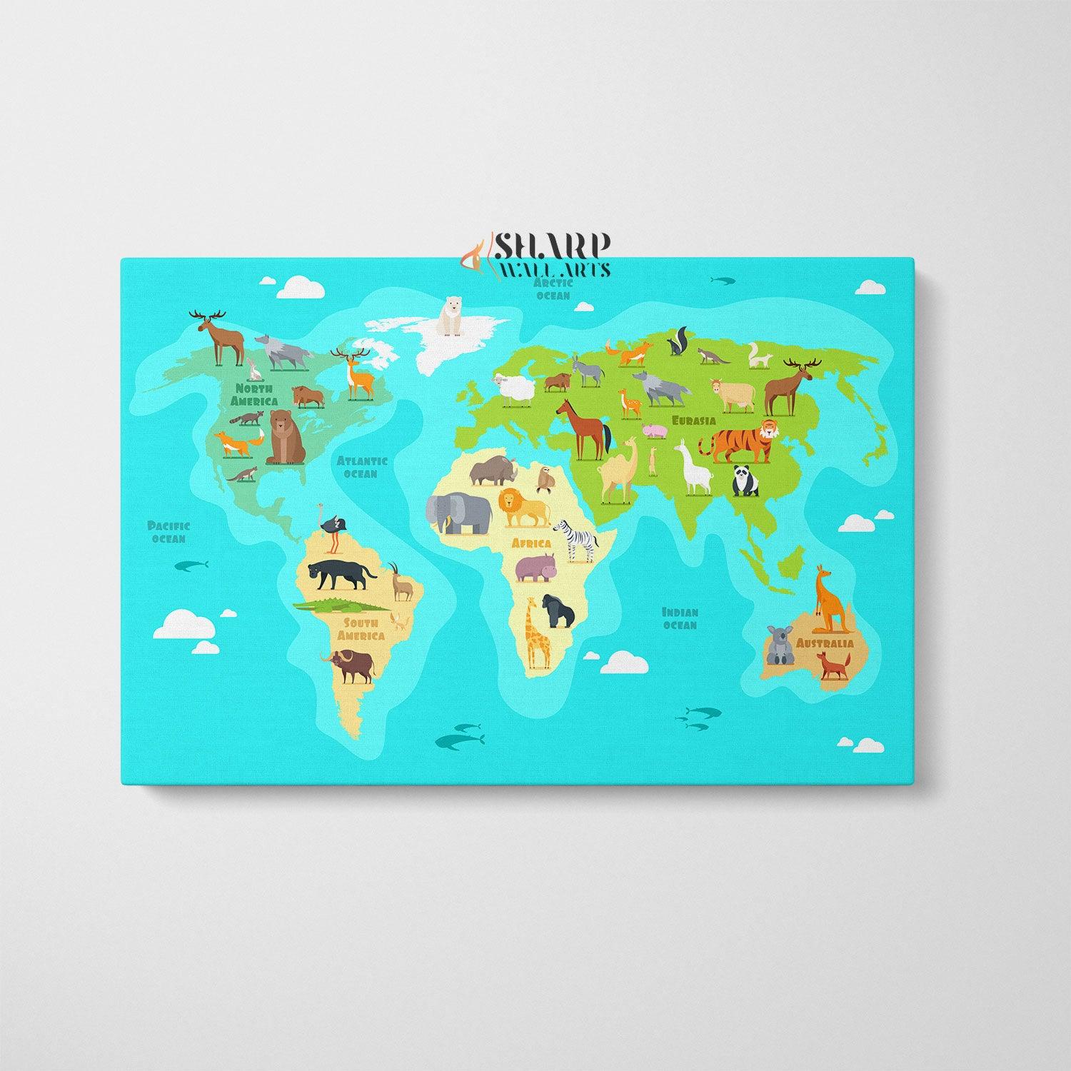 Kids World Map Canvas Nursery Wall Art Framed Ready To Hang   Canvas Wall Art Print Grey Horizontal Swa110 