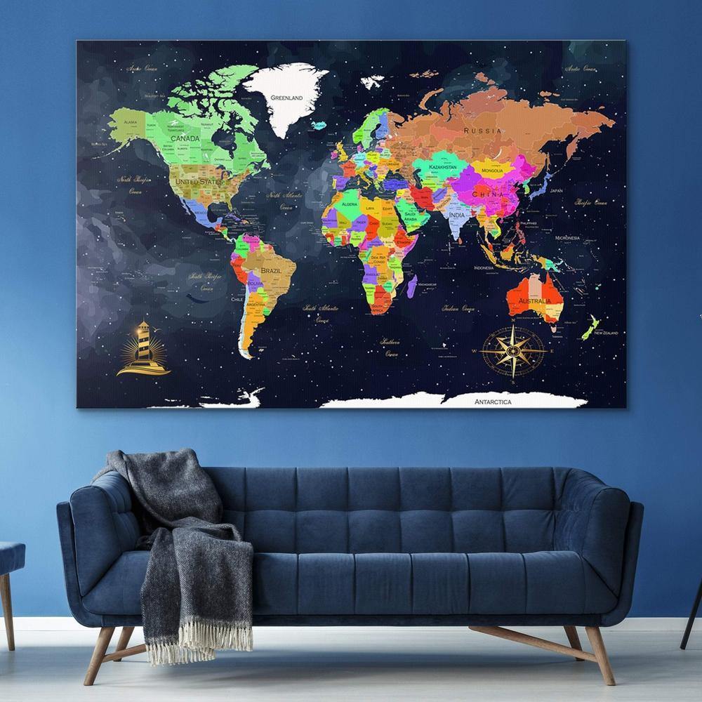 World Map Wall Art Navy Living Room Wall Decor Framed Ready To Hang 3383